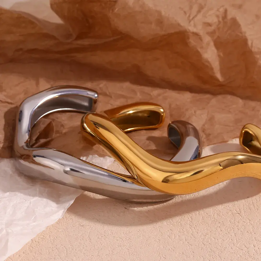 Pulsera Acero Dorado Onda Líquida Irregular Exagerada