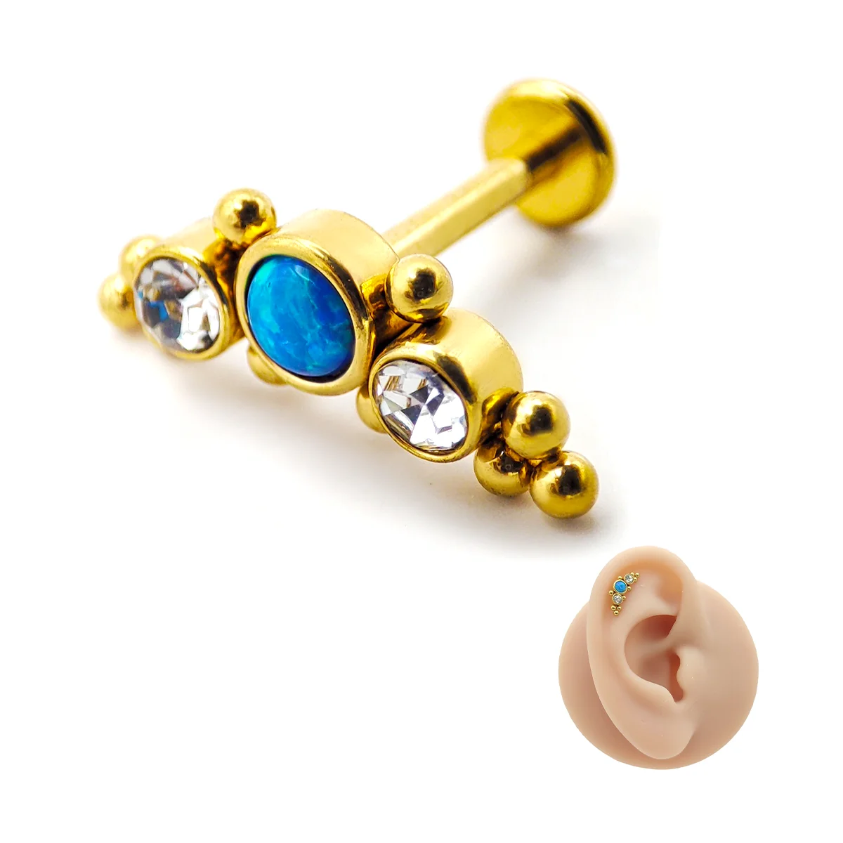 Piercing de Oreja Acero Trepador Cristales Opalo Azul