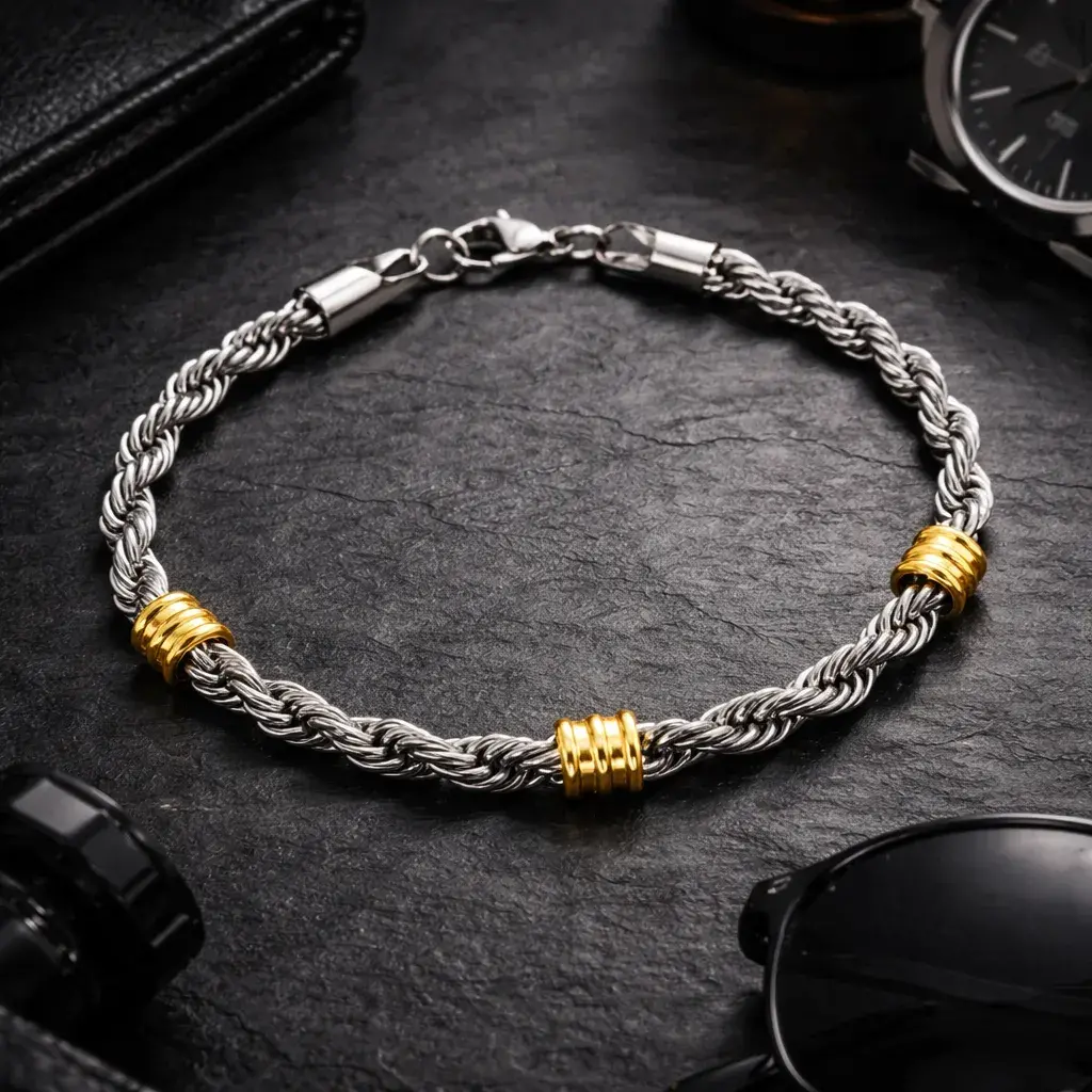 Pulsera Acero Bicolor Esclava Torzal Remaches Tubo