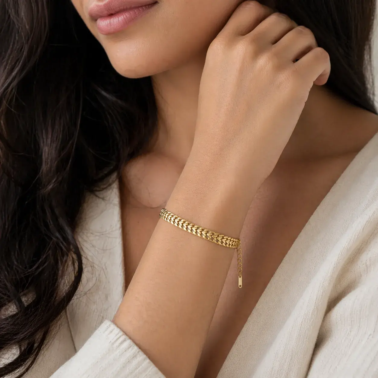 Pulsera Acero Dorado Esclava Doble Fila Unida Cubana
