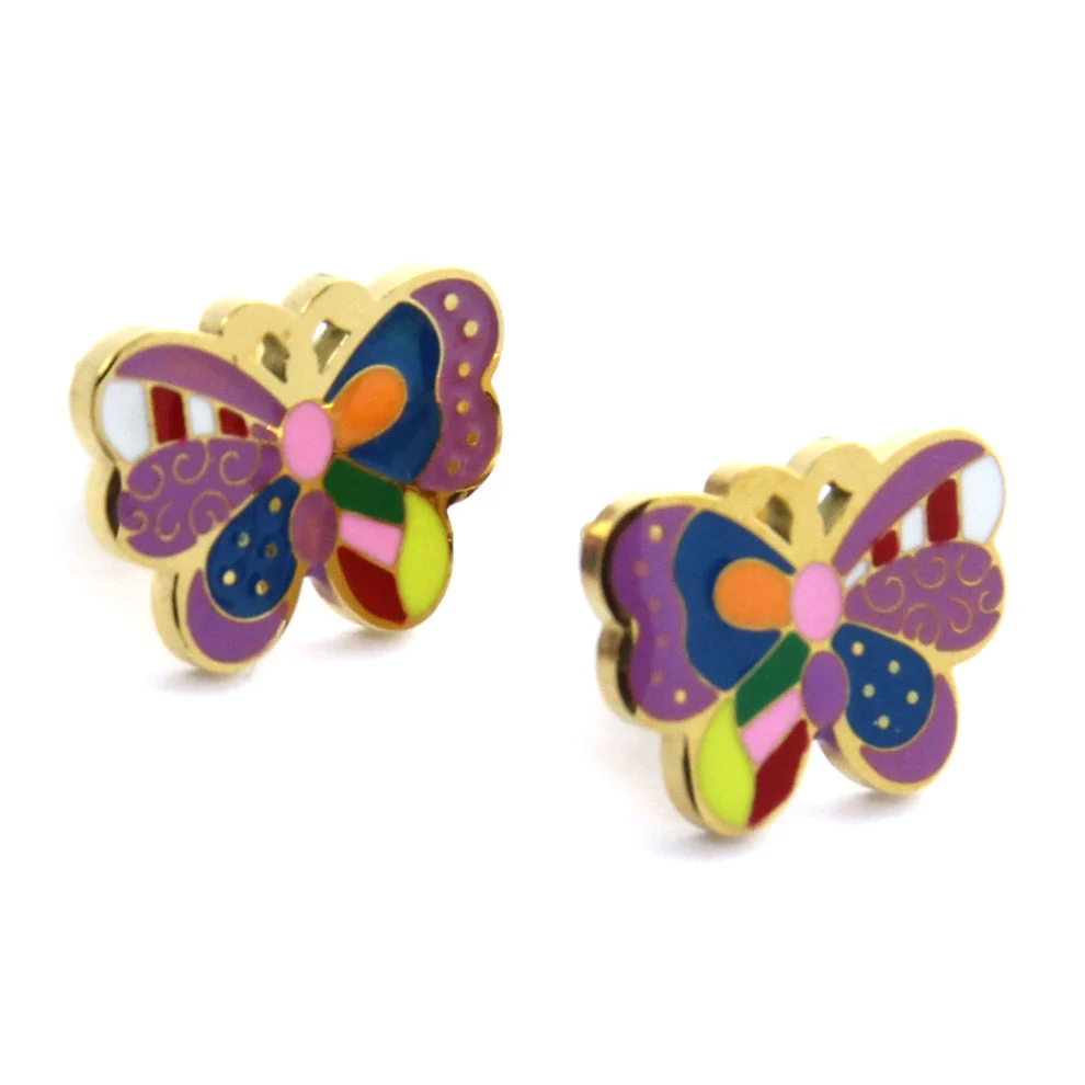 Aretes Acero Dorado Mariposa Colorida Niña