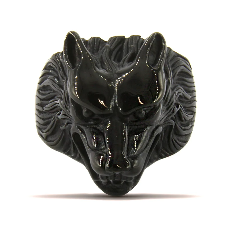 Anillo Acero Inox Negro Hombre Cabeza Lobo Nocturno