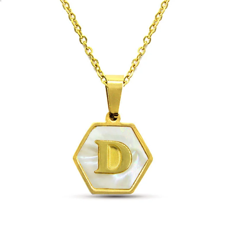 Collar Acero Inox Dorado Hexagonal Letra D Madre Perla