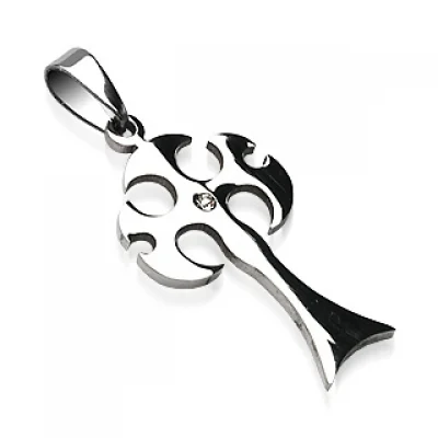 Dije de Acero Plateado Diseño Cruz Vikinga con Zirconia
