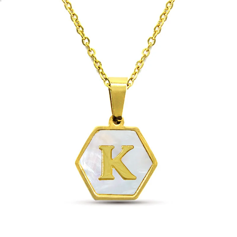 Collar Acero Inox Dorado Hexagonal Letra K Madre Perla