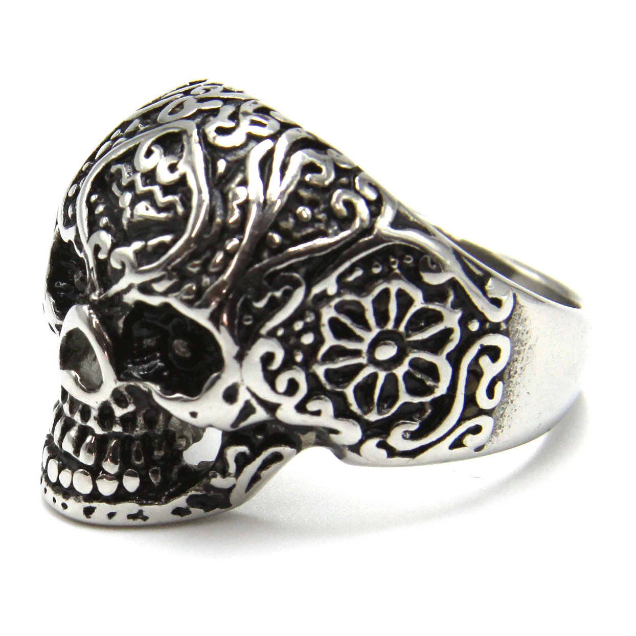 Anillo de Acero Plateado Calavera Catrina Mexicana