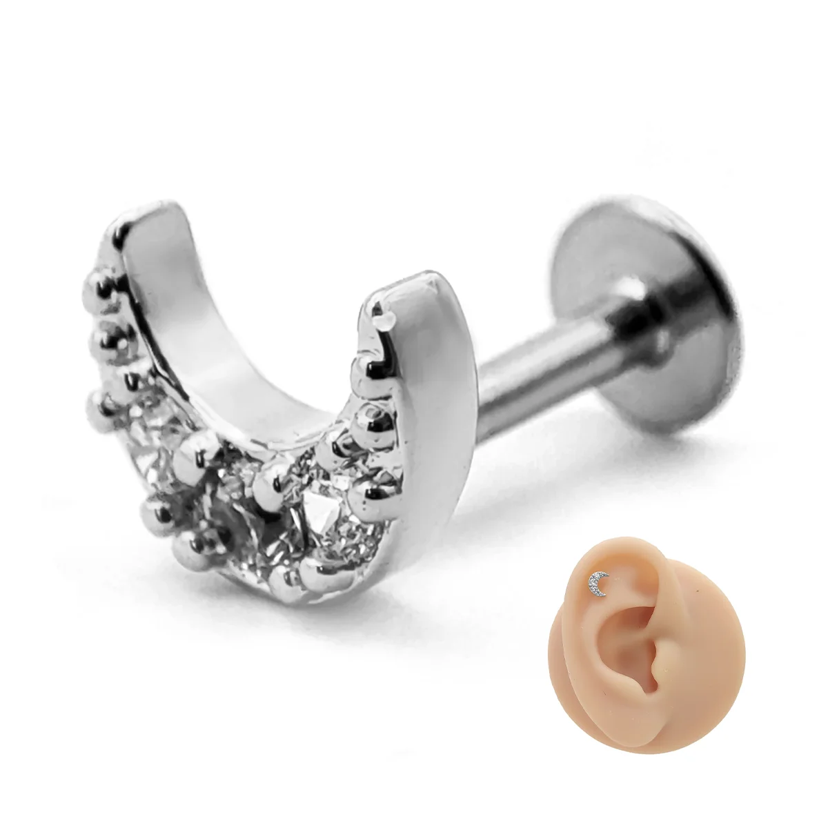 Piercing de Oreja Acero Luna Creciente Cristales Claros