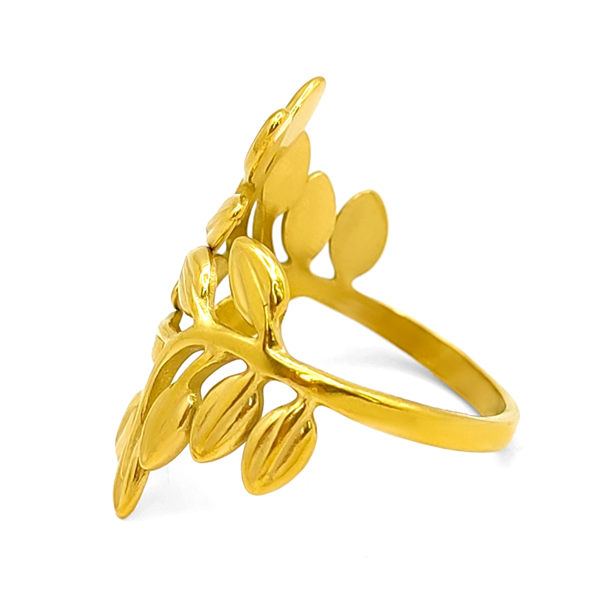 Anillo Acero Inox Dorado Hojas Onduladas Ajustable