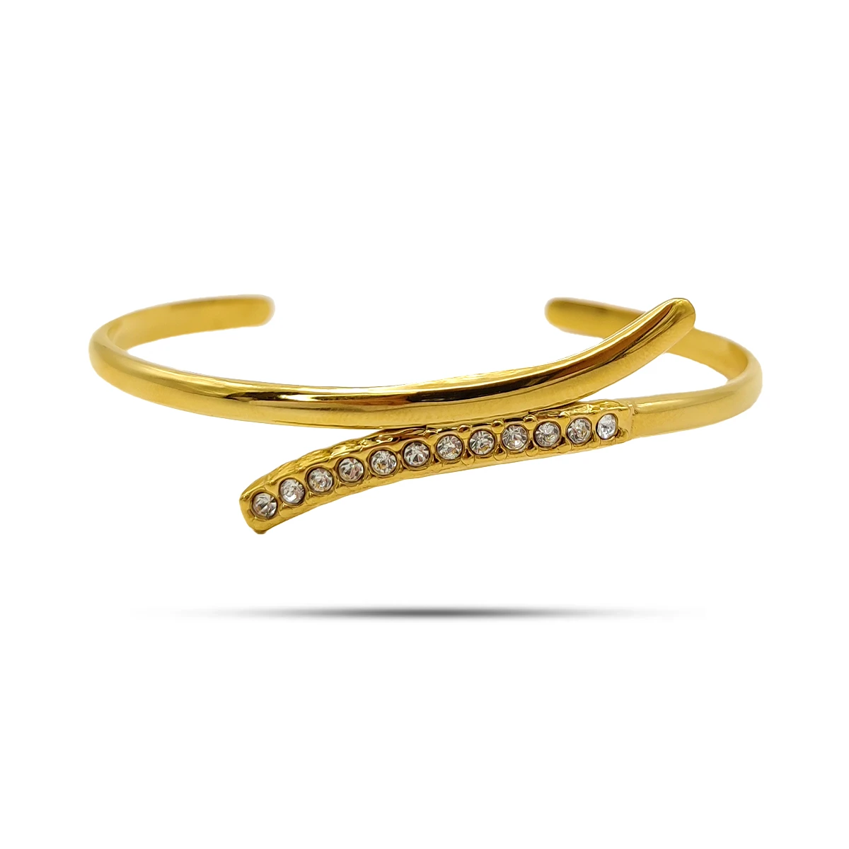 Pulsera Acero Dorado Brazalete Lineas Curvo Cristales