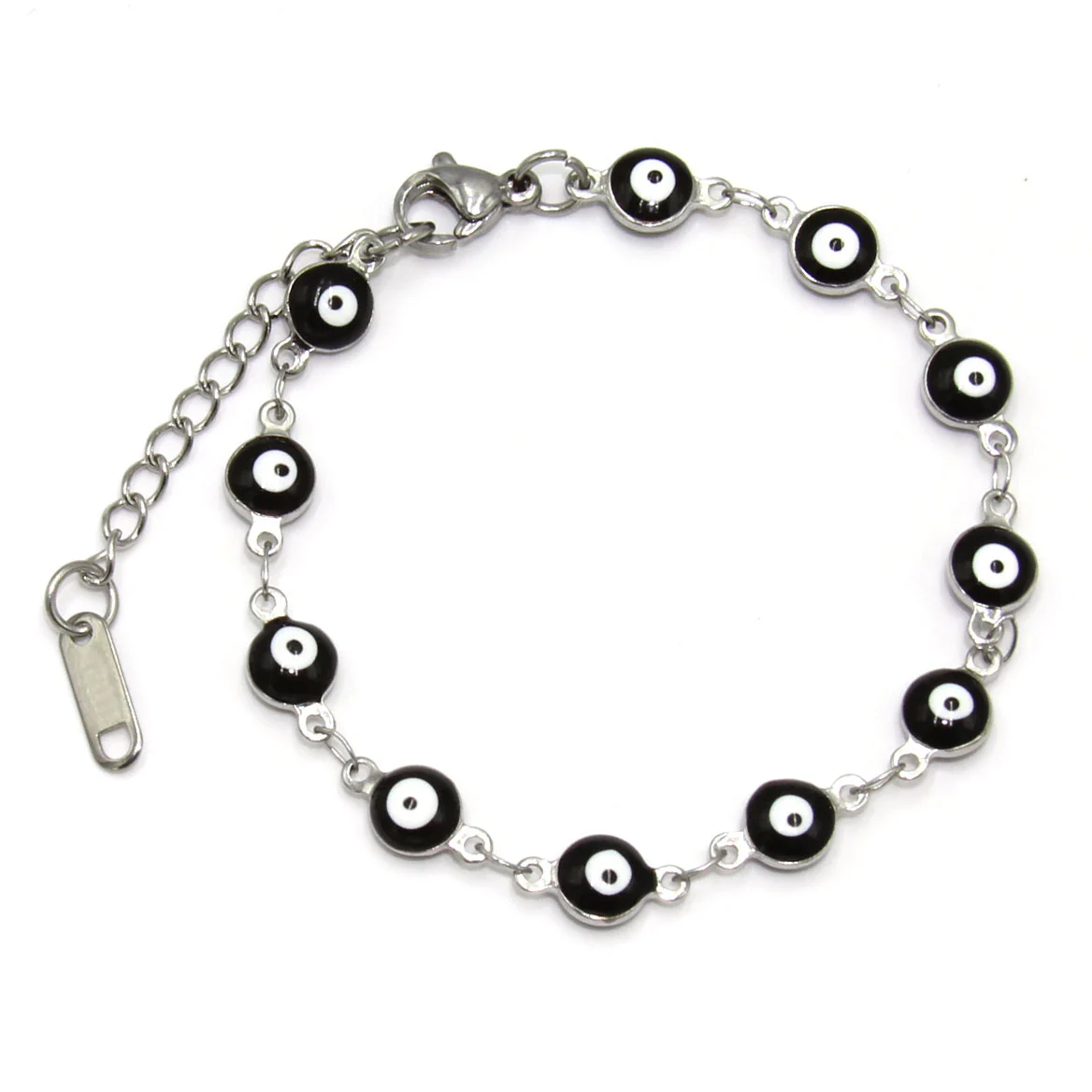 Pulsera Acero Plateado Ojo Turco Nazar 6 Mm Negro Poder