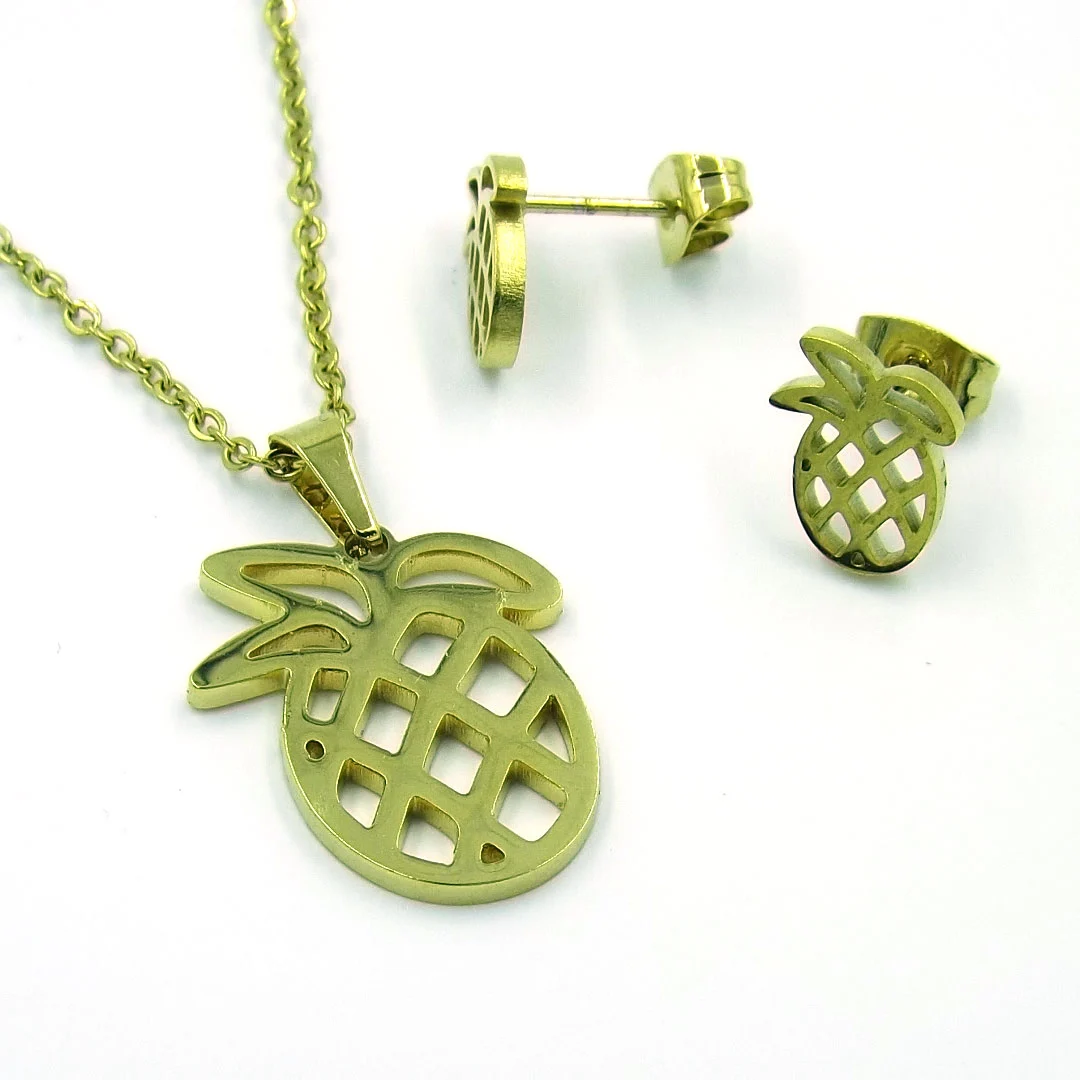 Set Joyería Acero Dorado Collar Aretes Piñas Triopicales