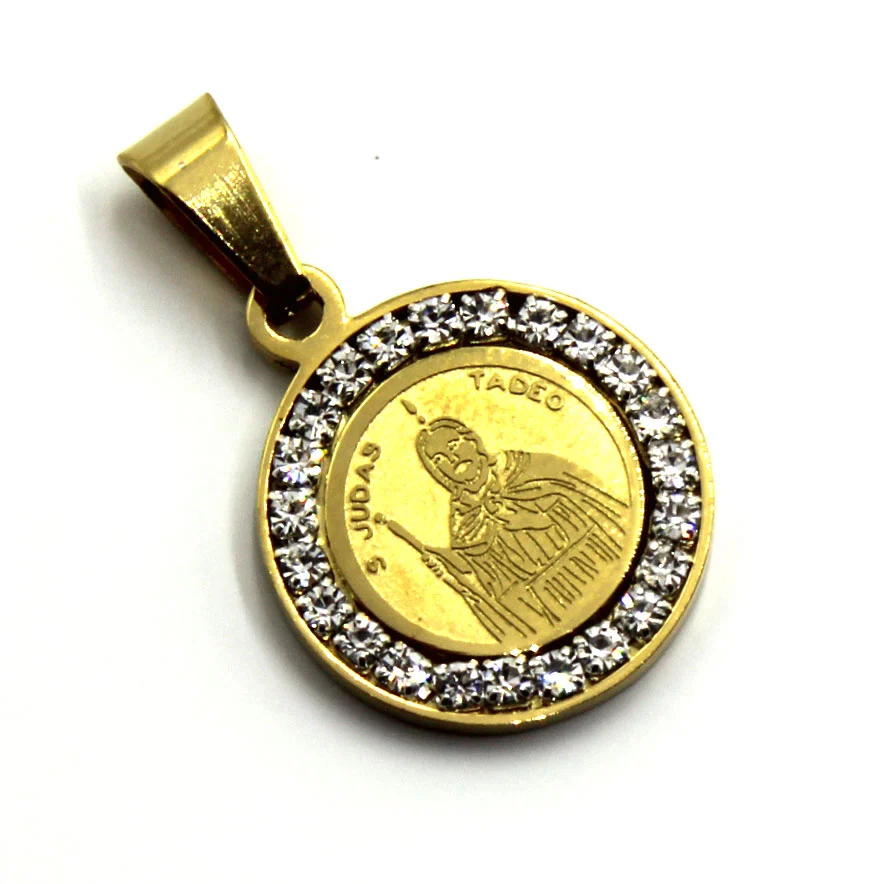 Dije Acero Dorado Medalla San Judas 16 mm Zirconia