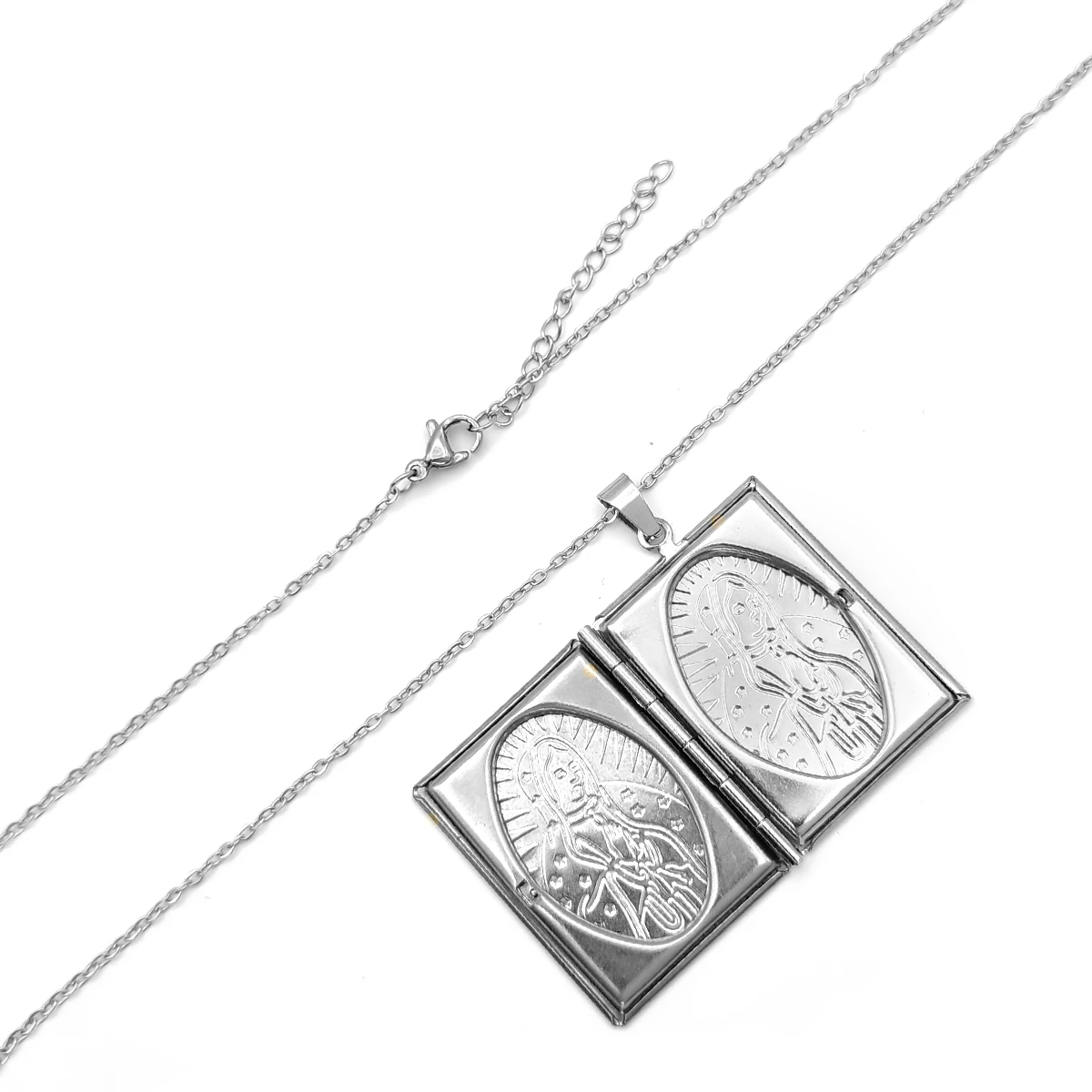 Collar Acero Plateado Relicario Virgen de Guadalupe Libro