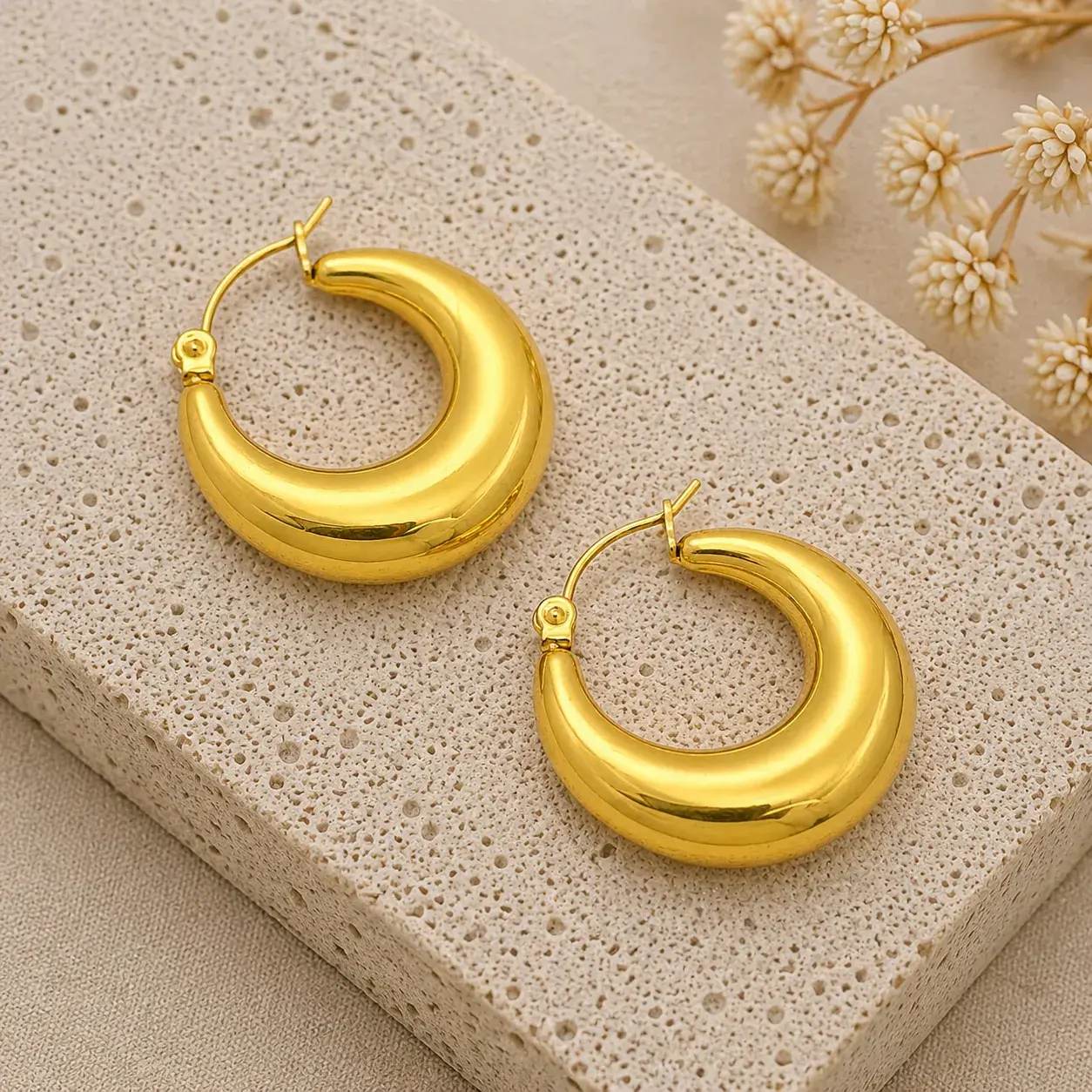 Aretes Acero Dorado Arracadas Chunky Gruesas Moda