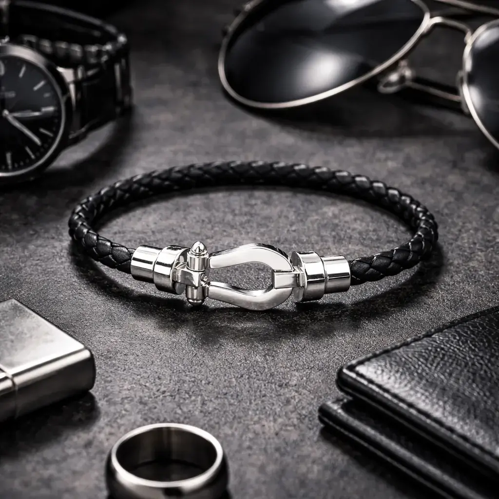 Pulsera Acero Piel Negra Trenzada Diseño Tipo Hebilla