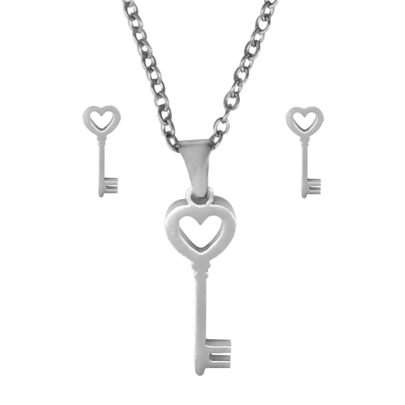 Set de Joyeria Acero Inox Plateado Corazon Llave Antigua