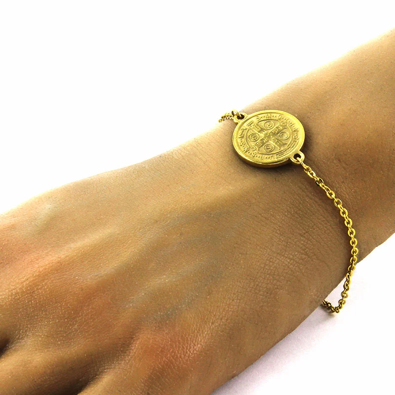 Pulsera Acero Inoxidable Dorado Dije Circular San Benito
