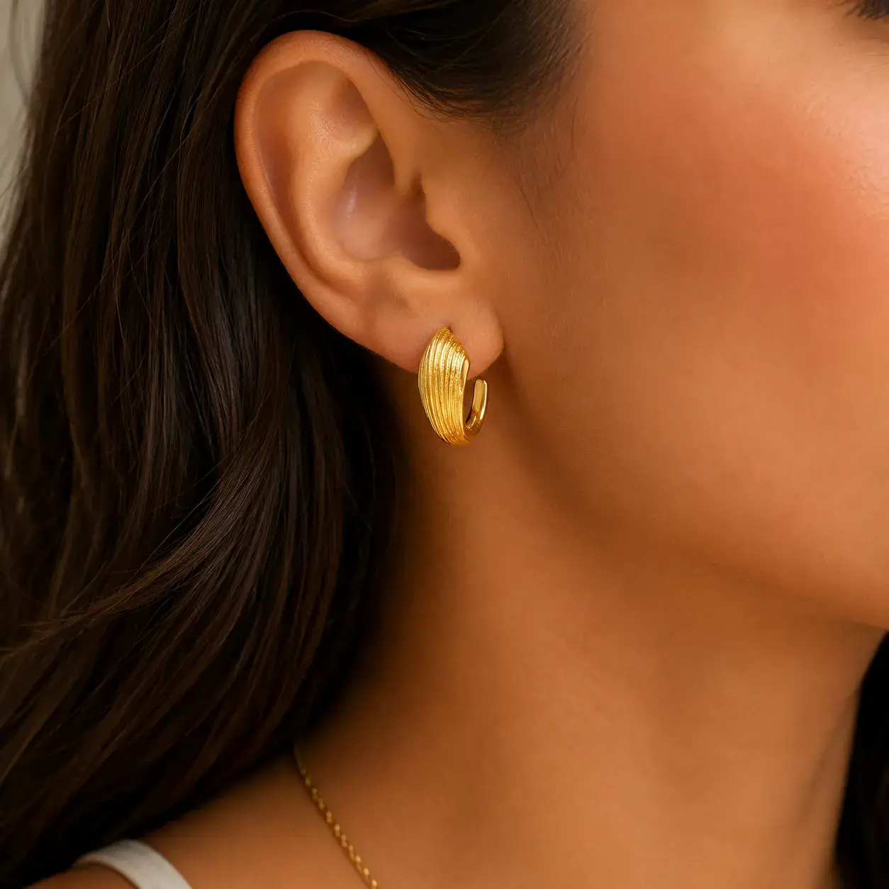 Aretes Acero Media Arracada Forma Gota Acanalada