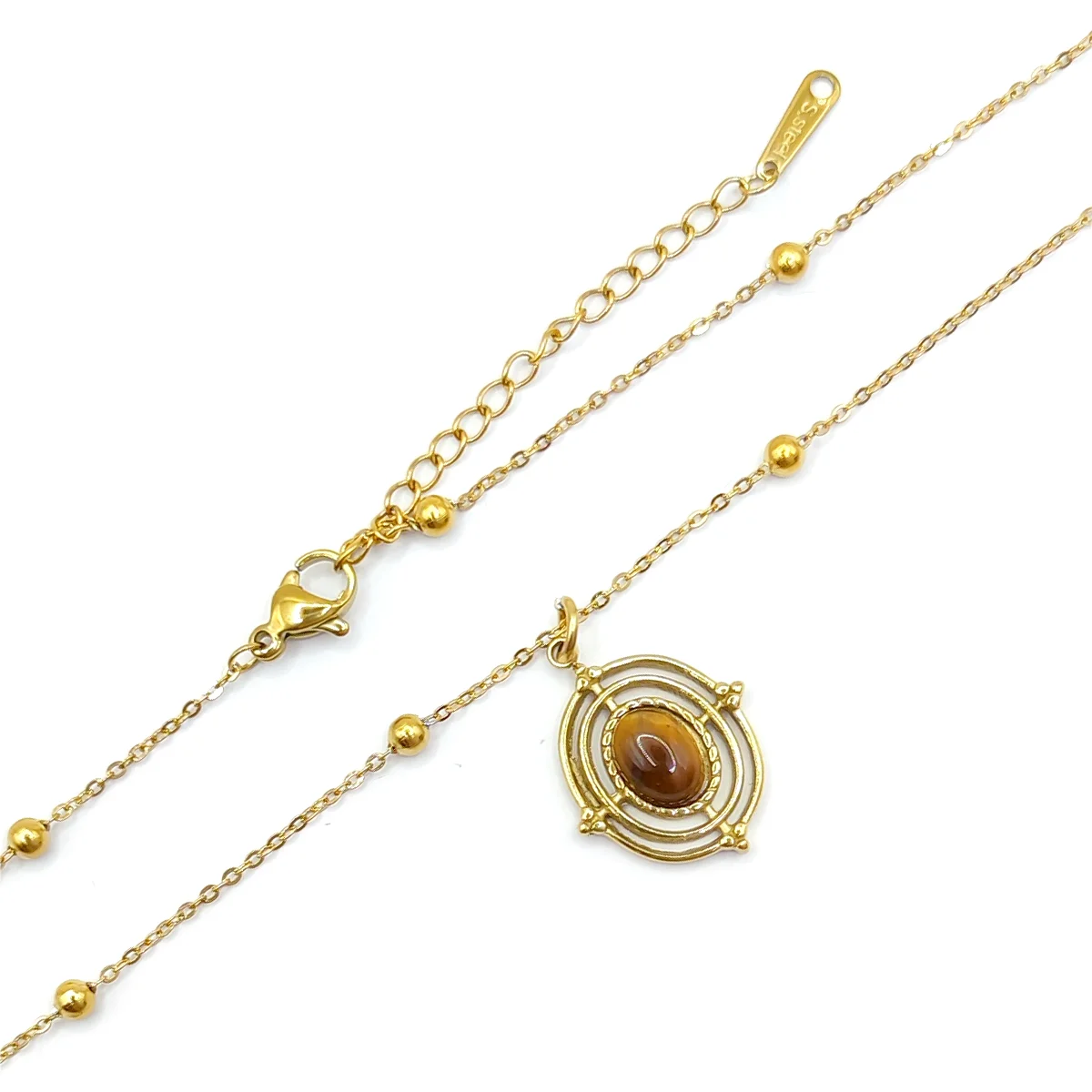 Collar Acero Dorado Bohemio Ojo de Tigre Cadena Balines