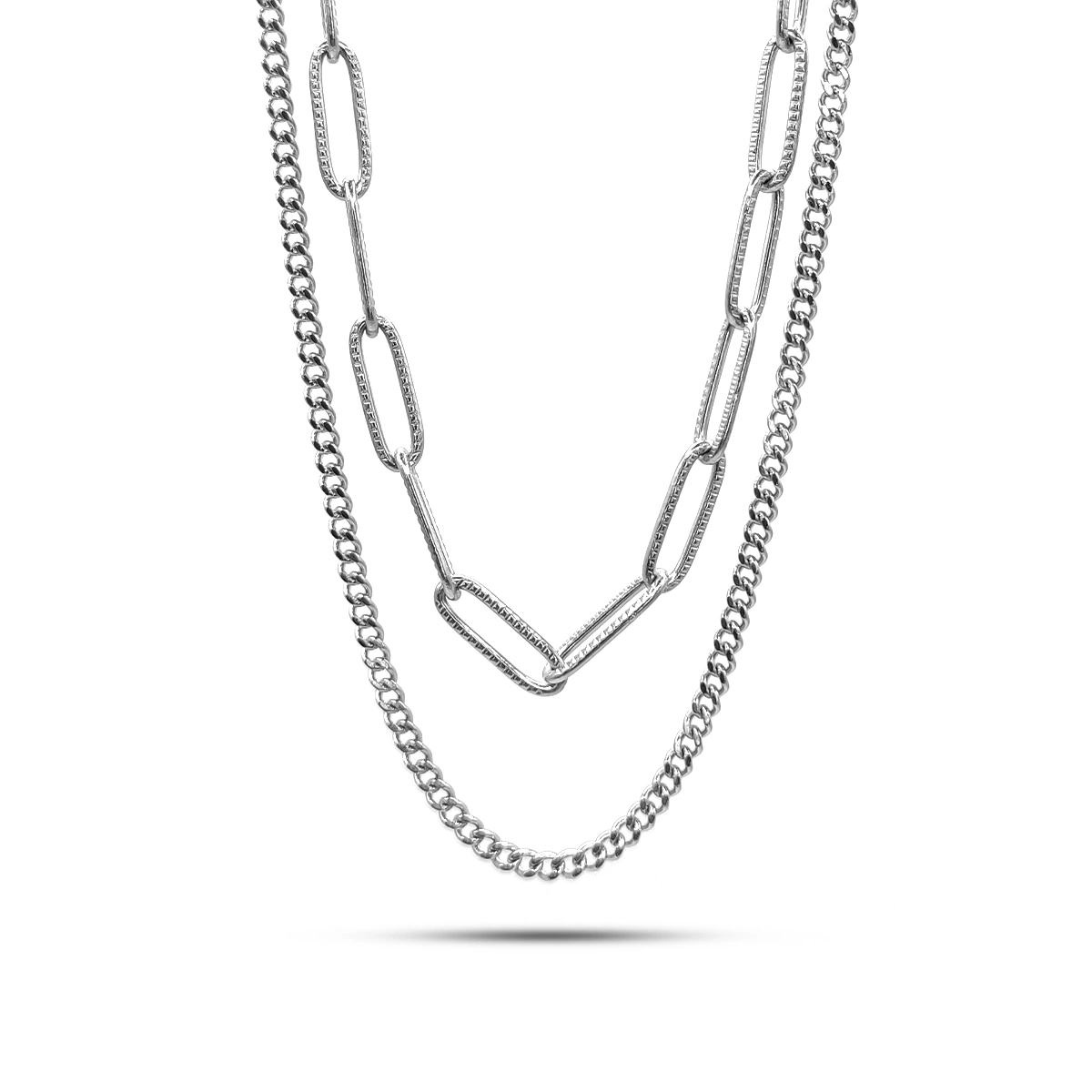 Collar Acero Plateado Doble Eslabon Largo y Barbada