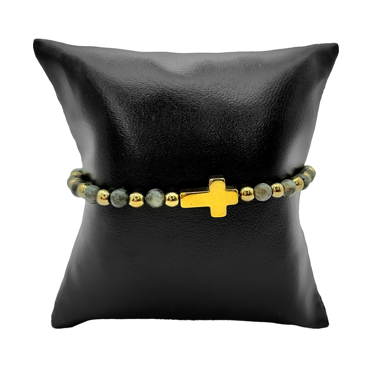 Pulsera Acero Dorado Labradorita Natural Cruz Elastica