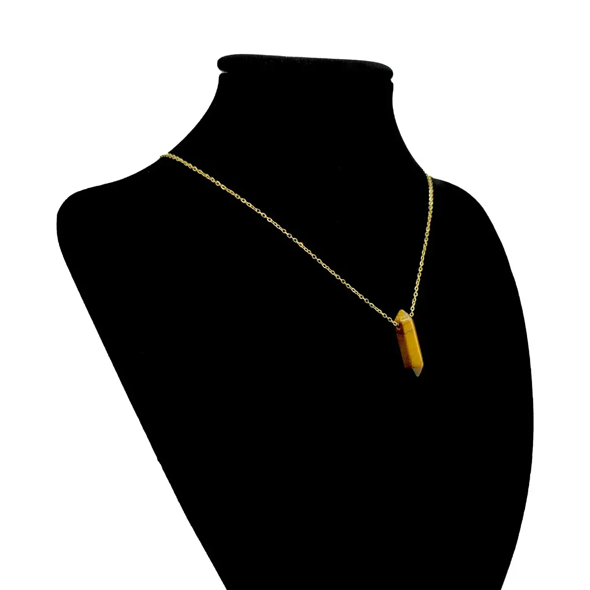 Collar Acero Inox Dorado Péndulo Doble Punta Ojo de Tigre