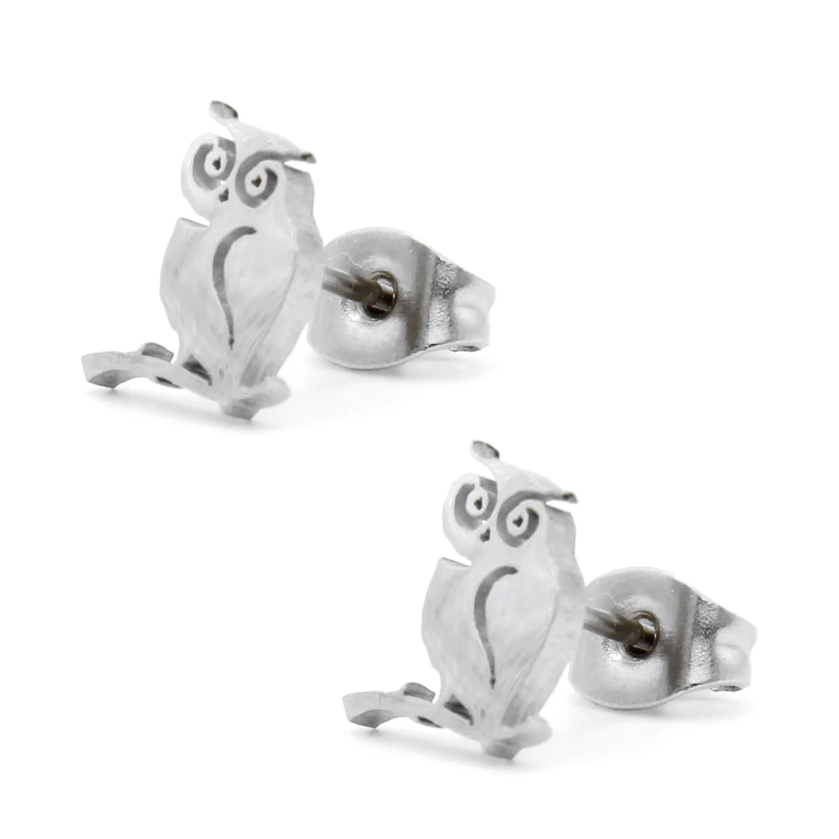 Aretes Acero Inox Plateado Tipo Broquel Buho En Rama