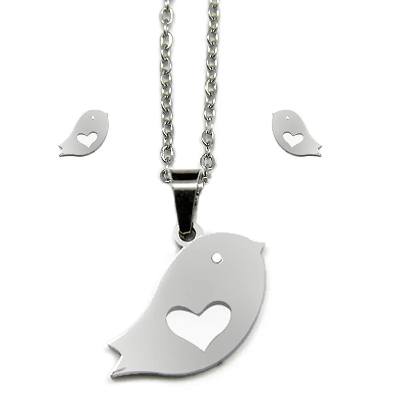 Set de Joyeria Acero Inox Plateado Pajarito Corazón Bird