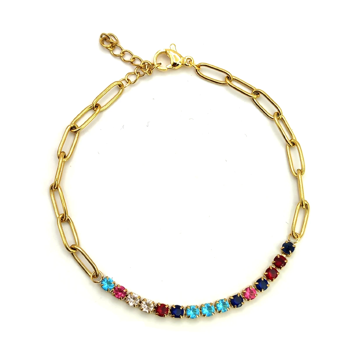 Pulsera Acero Dorado Zirconia Cúbica Eslabón Oval Delgado