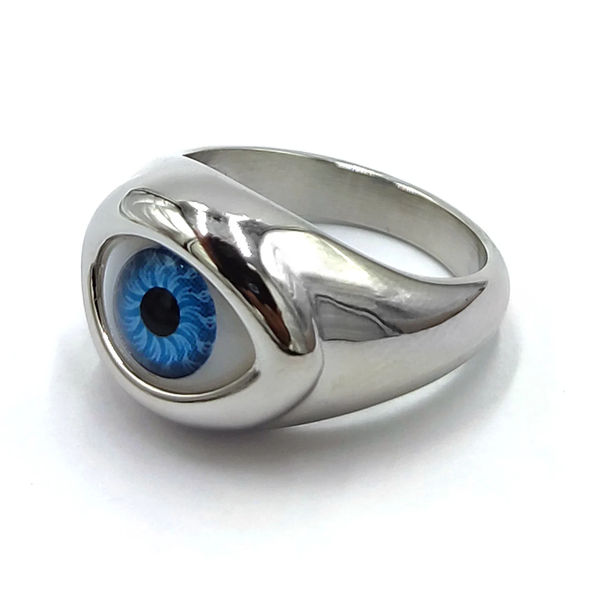 Anillo Acero Inoxidable Plateado Ojo Azul Realista