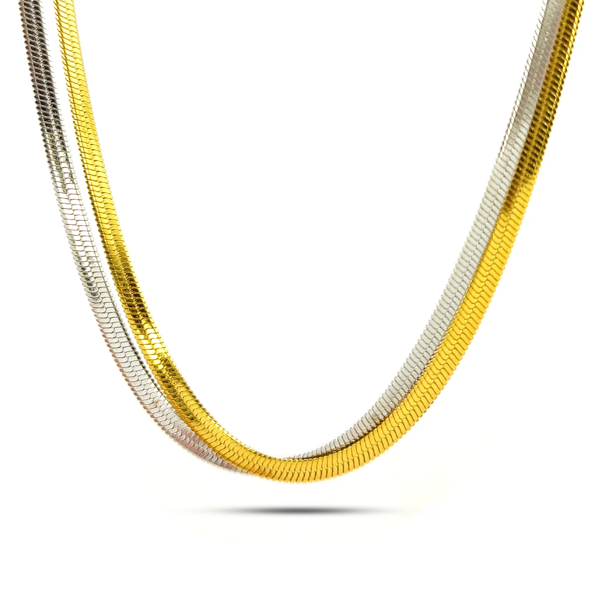 Collar Acero Bicolor Doble Cadena Planchada Panza de Vibora