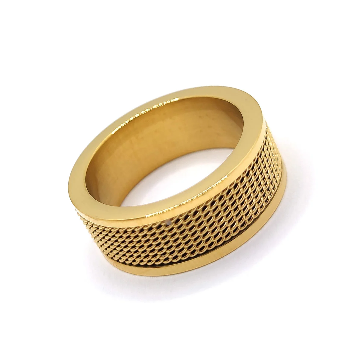 Anillo Acero Dorado Malla Biselado Tejido Hombre De Lujo