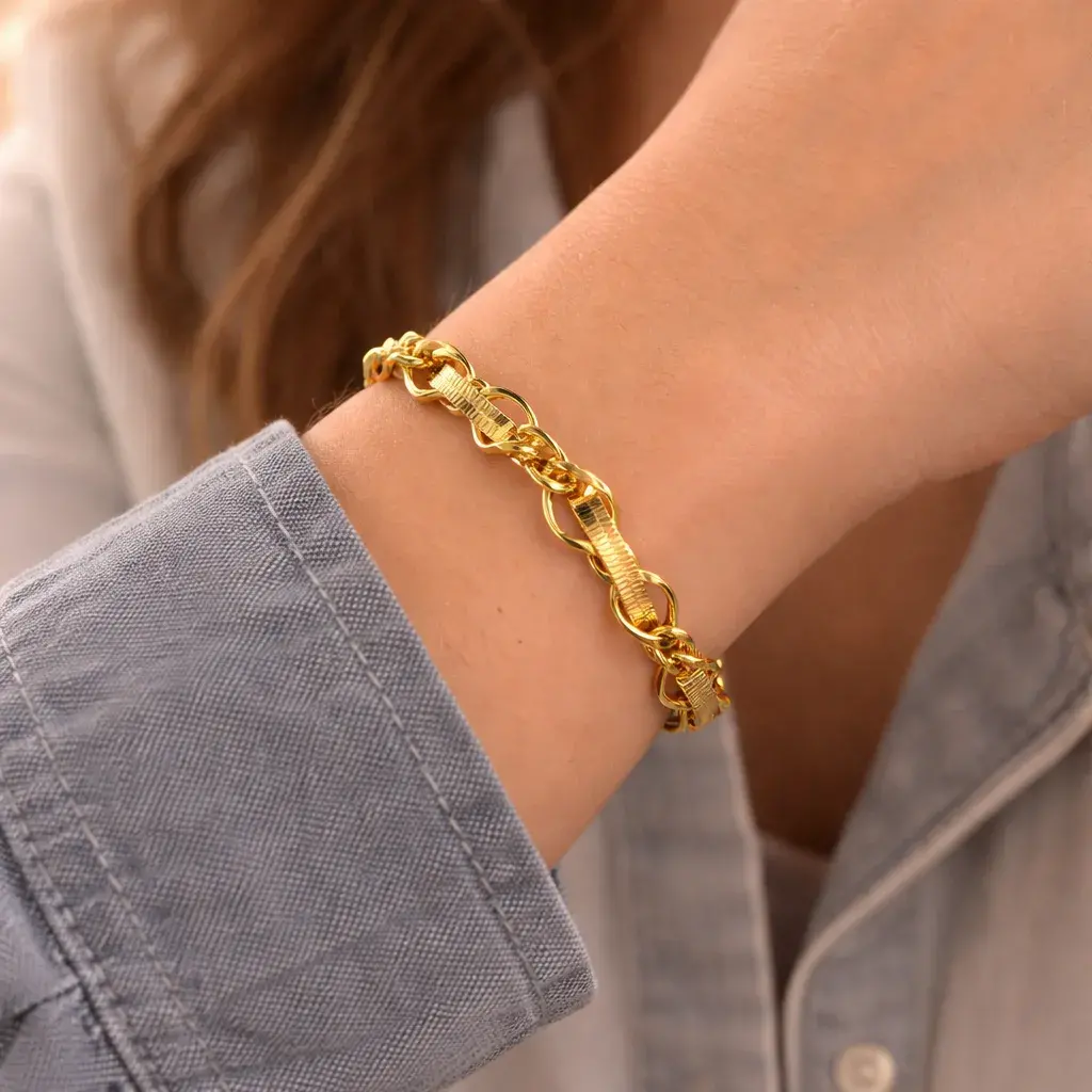 Pulsera Acero Inox Dorado Planchada Cadena Entrelazada
