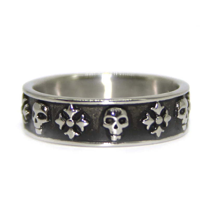 Anillo Acero Inox Plateado Calavera Cruz Flor de Liz