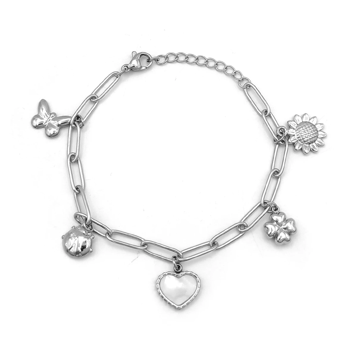 Pulsera Acero Plateado Colgantes Naturaleza Corazón