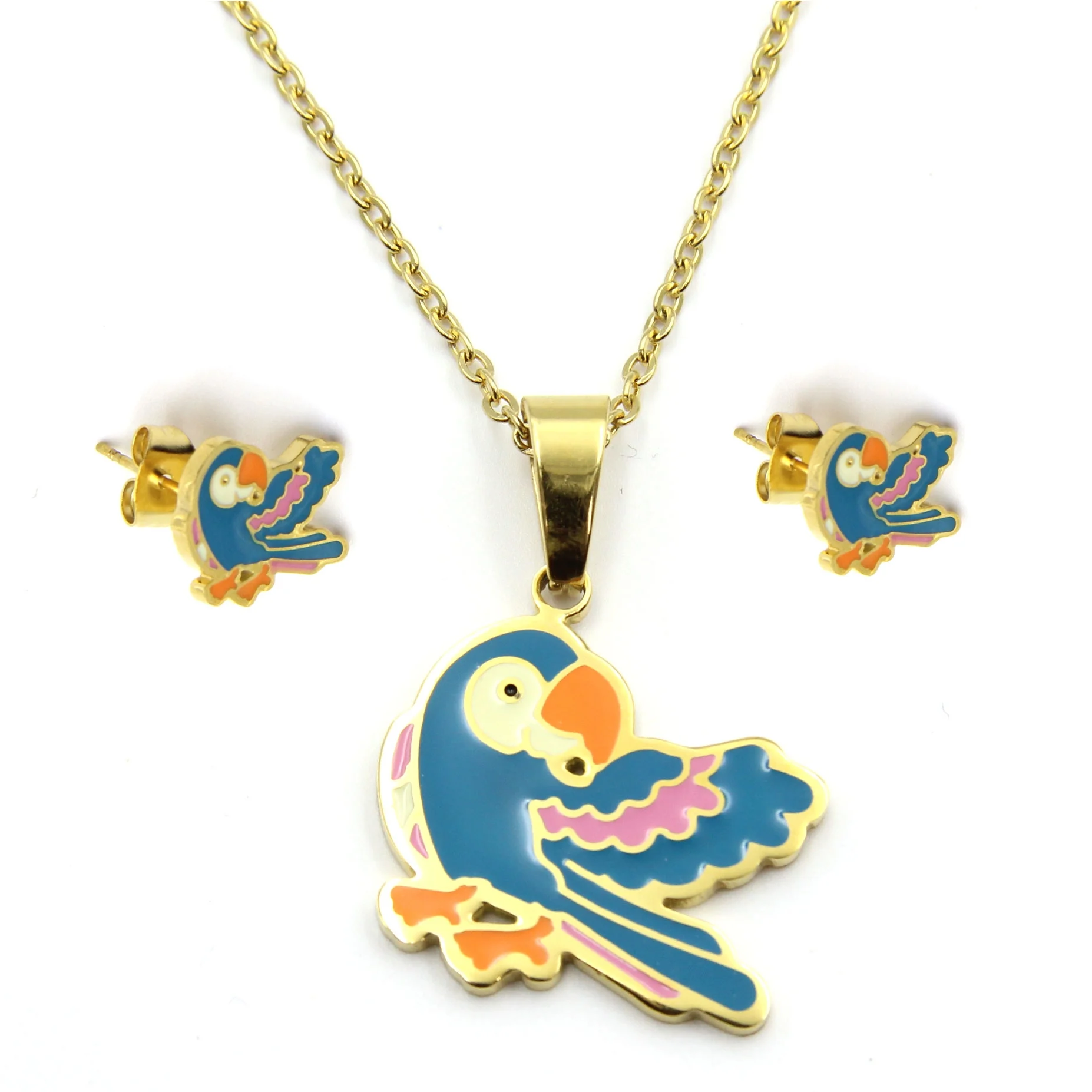 Set Joyeria Acero Dorado Collar Dije Aretes Guacamaya Ave