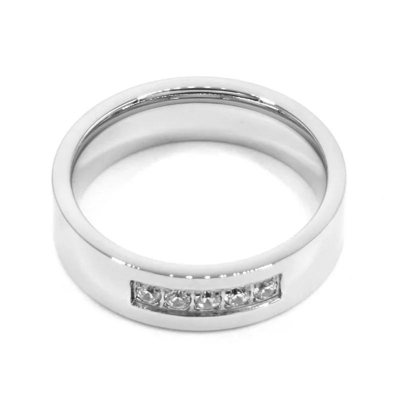 Anillo Acero Inox Argolla Plateado 5 Cristales Claros 6mm
