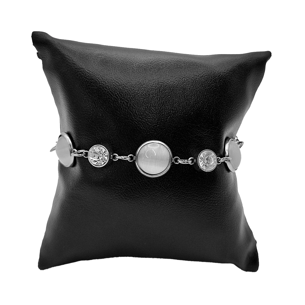 Pulsera Acero Plateado Ojo de Gato Gris Cristales Redondos