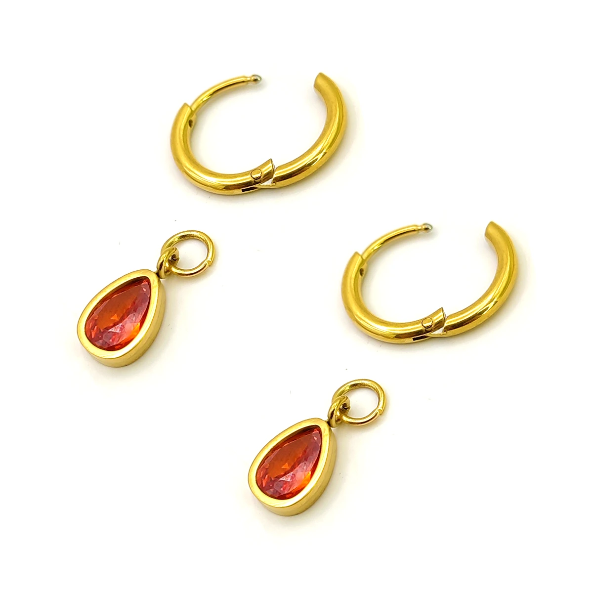 Aretes Acero Dorado Arracadas Huggies Colgante Gota Roja
