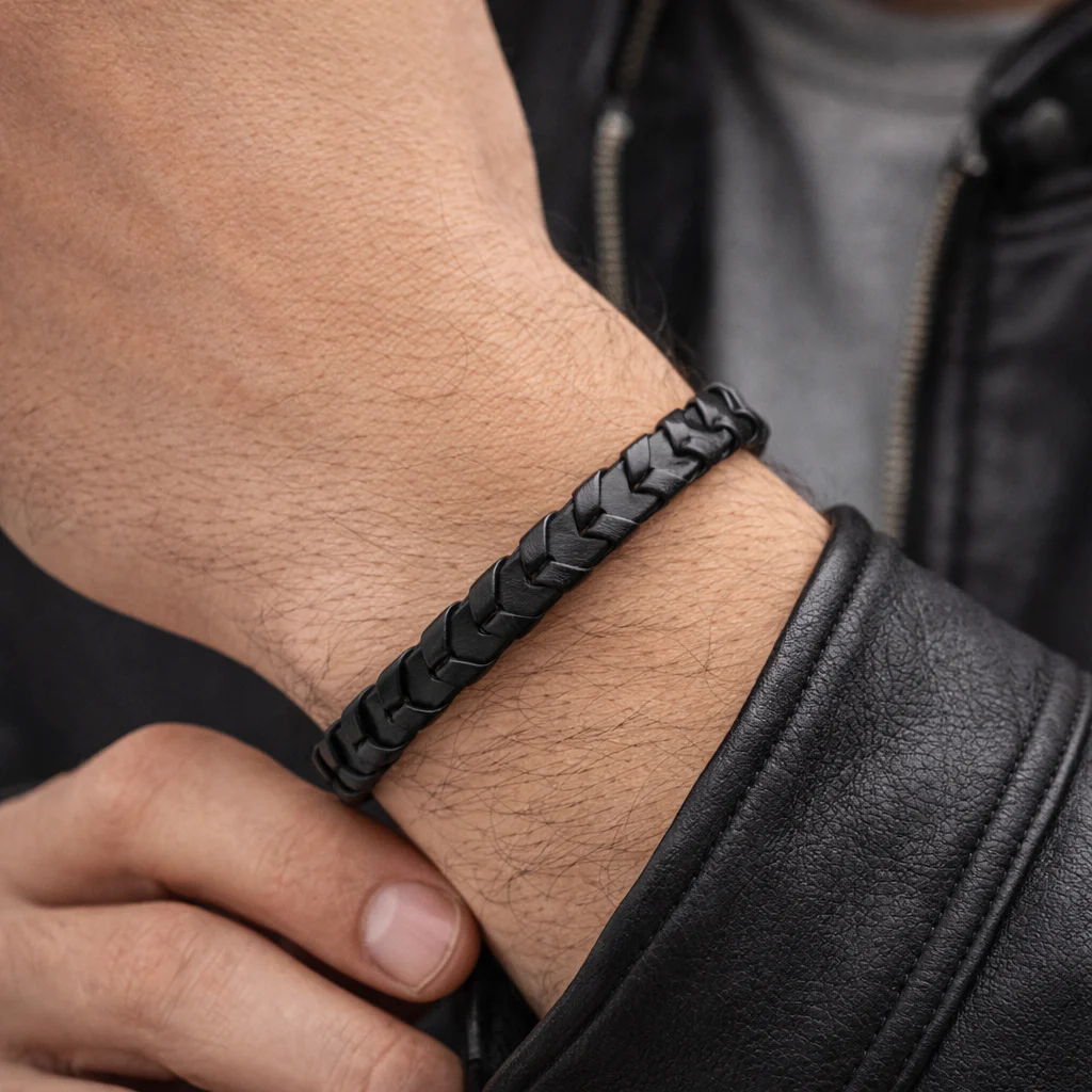 Pulsera Acero Negro Piel Lisa con Tejido Flecha