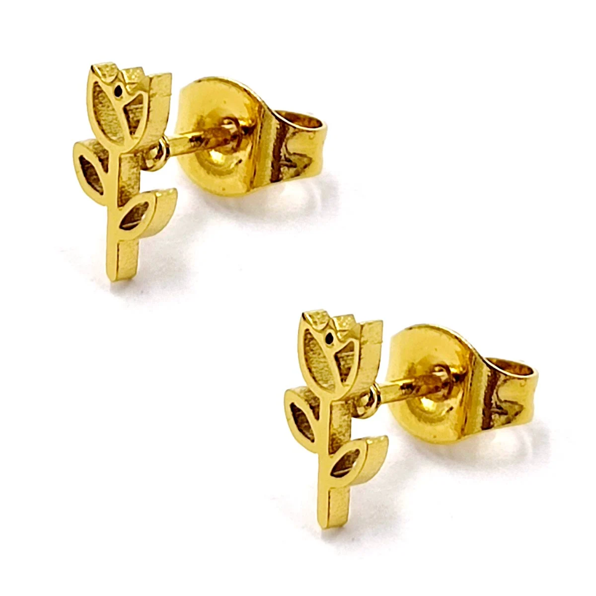 Aretes Acero Inoxidable Dorado Tipo Broquel Flor Tulipan