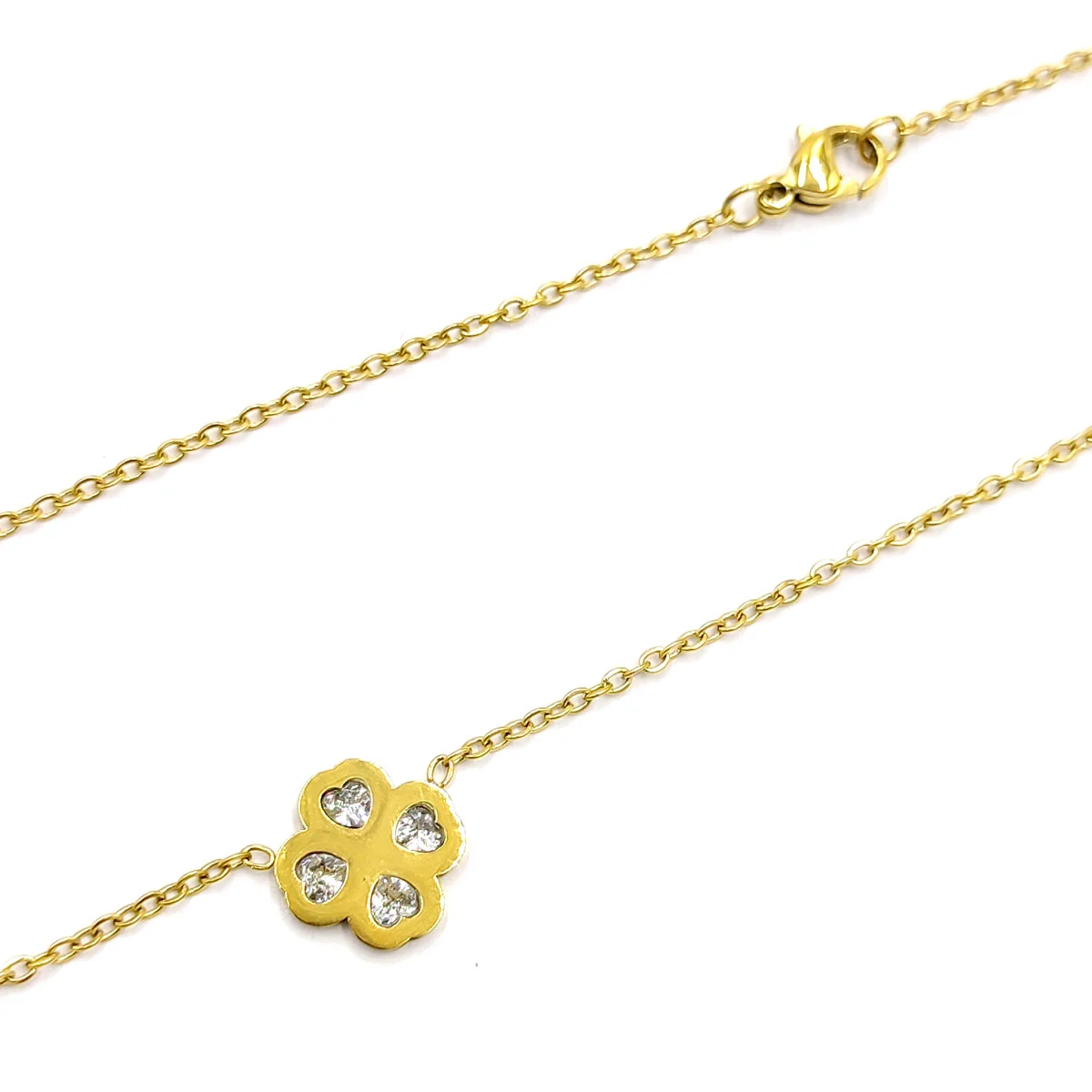 Collar Acero Inox Dorado Trebol 4 Hojas Corazon Zirconia