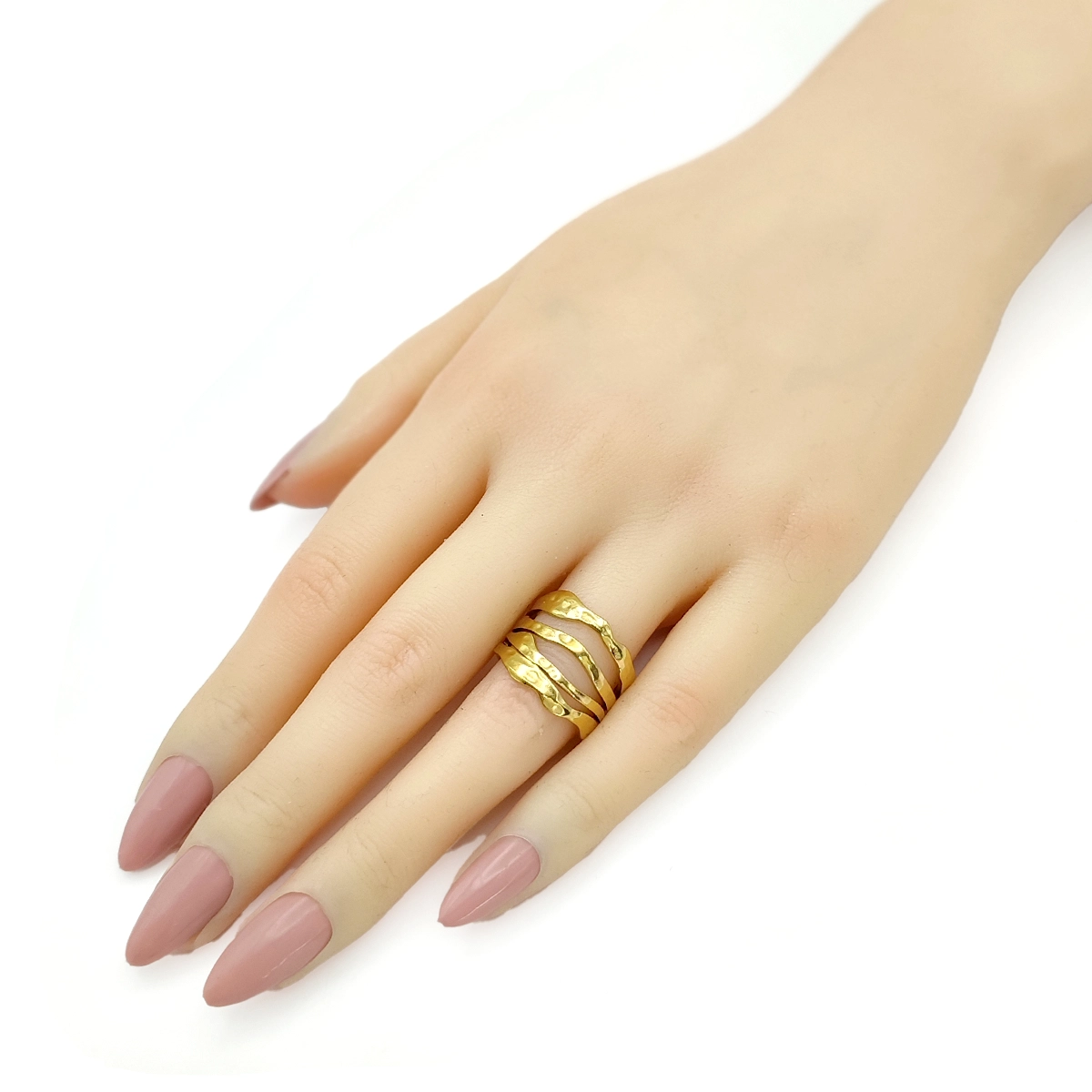 Anillo Acero Inox Dorado Martillado Lineas Horizontales