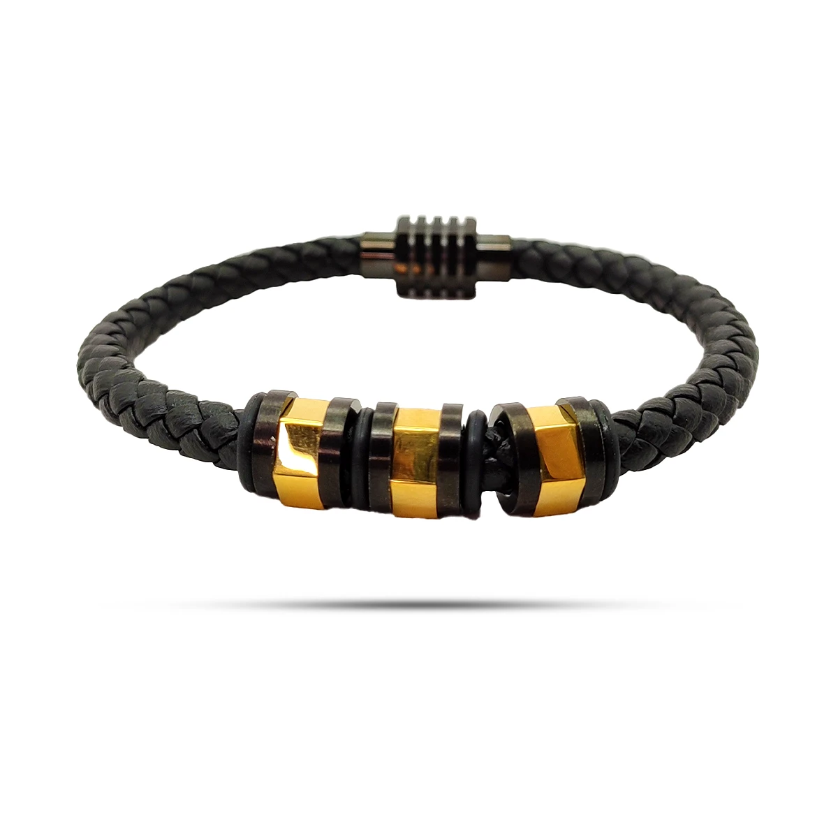 Pulsera Acero Piel Redonda Cuentas Centrales Tipo Tuerca