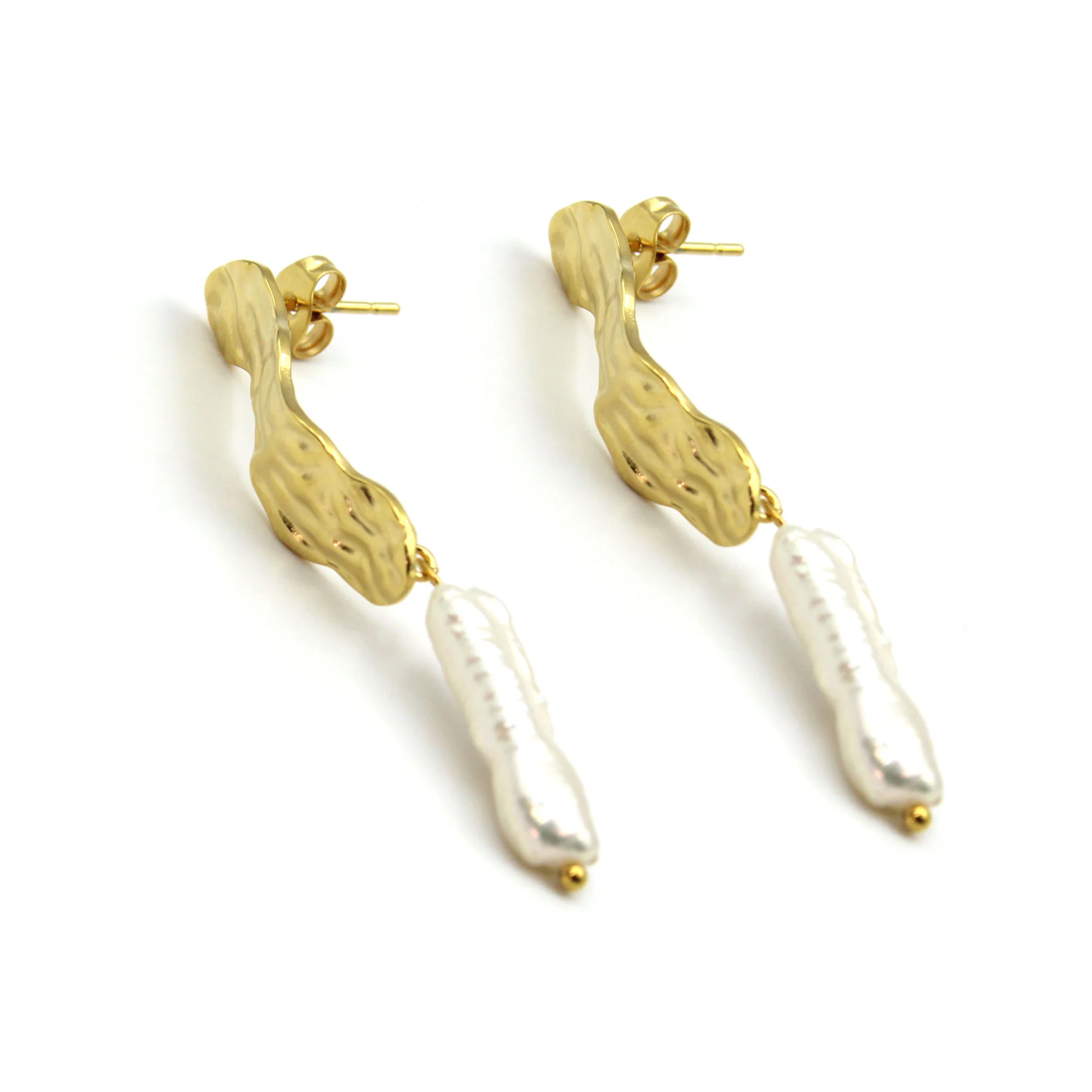 Aretes Acero Dorado Perla SemiRectangular