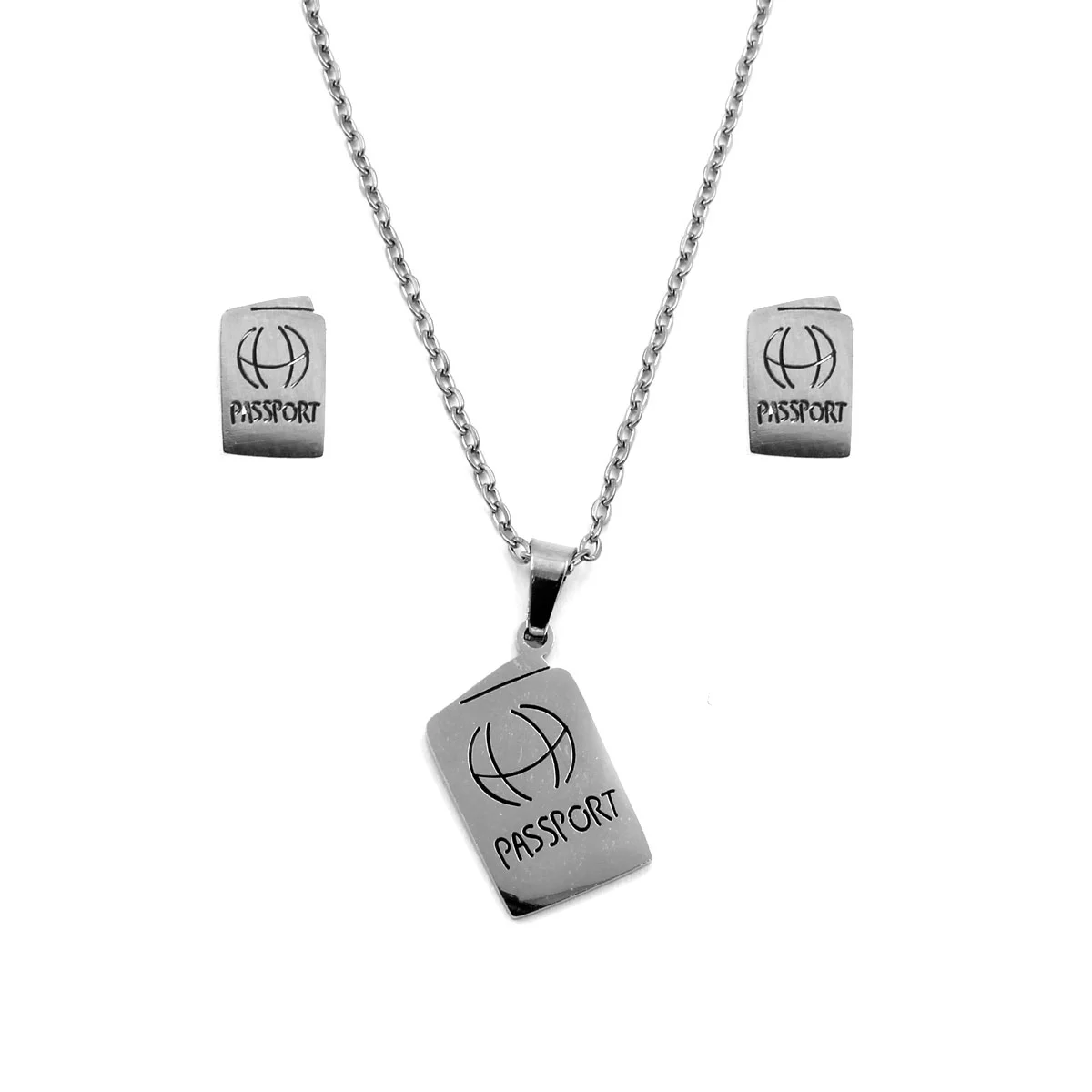Set Joyeria Acero Plateado Pasaporte Grabado