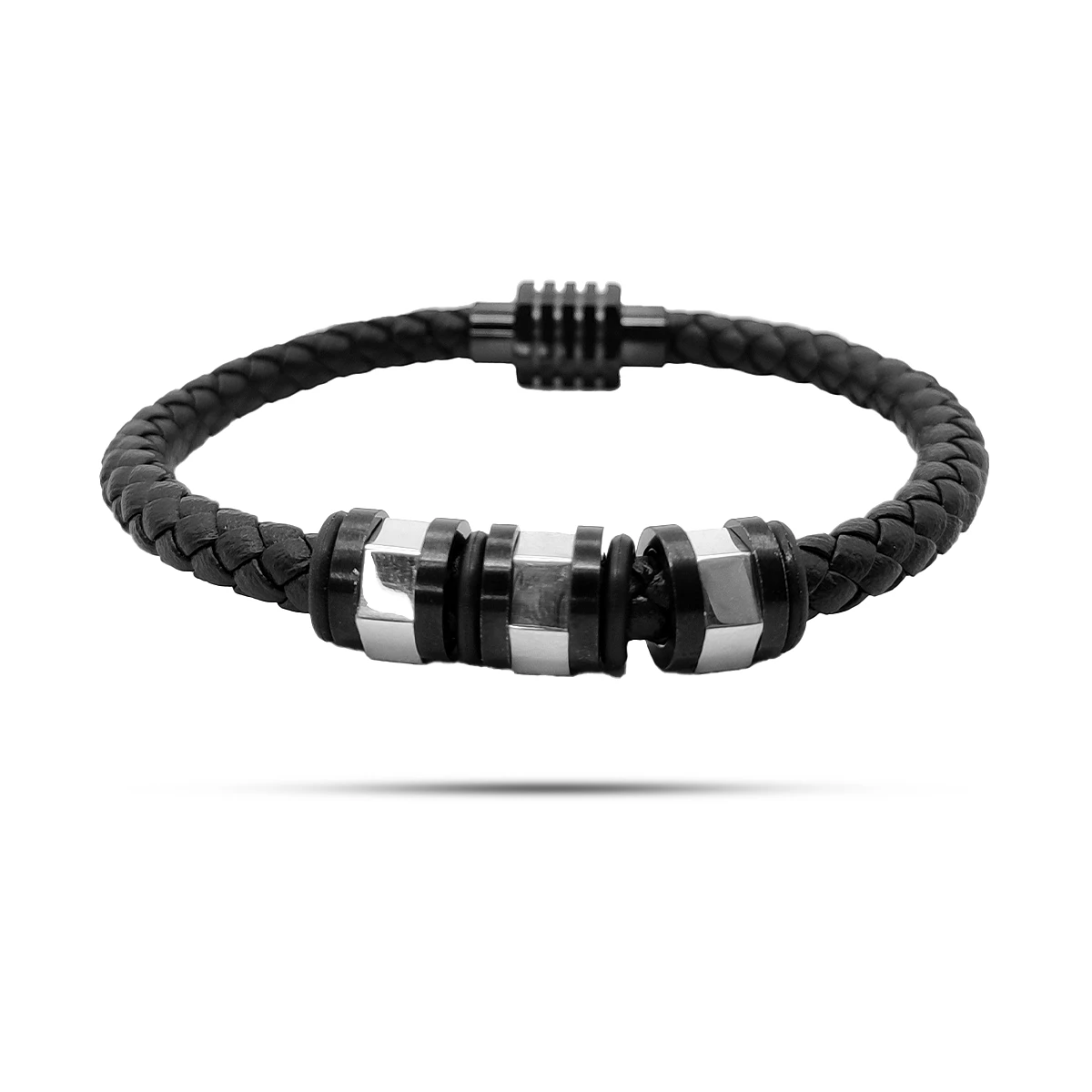 Pulsera Acero Piel Redonda Cuentas Centrales Tipo Tuerca