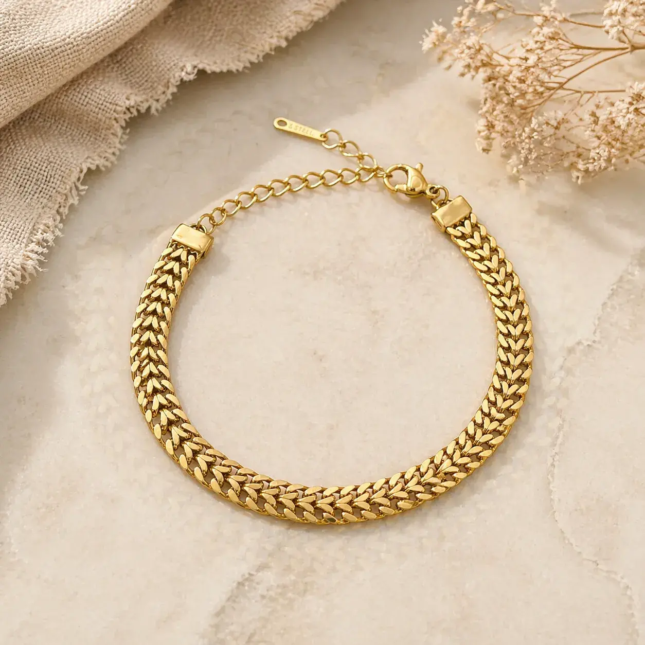 Pulsera Acero Dorado Esclava Doble Fila Unida Cubana