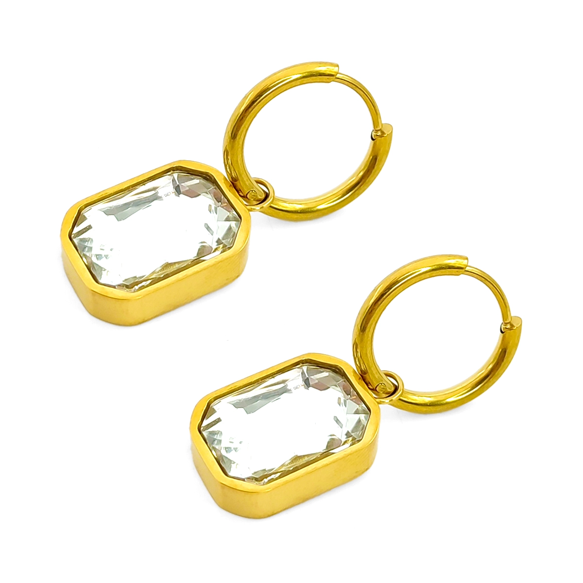Aretes Acero Dorado Arracadas Huggies Cristal Rectangular