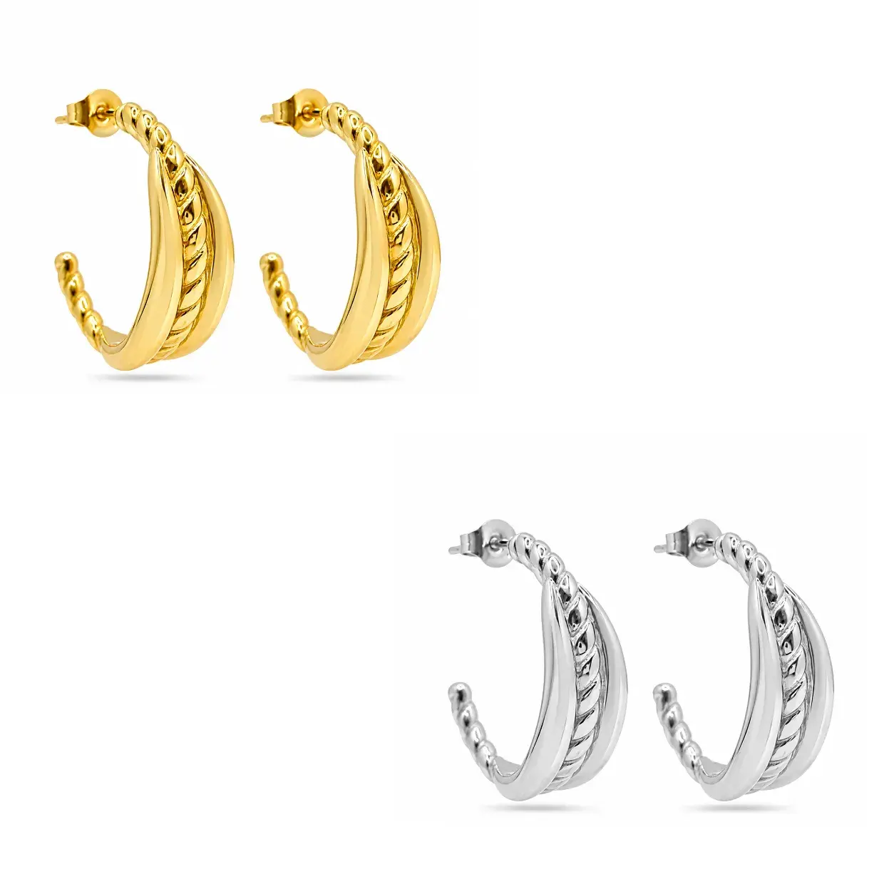 Aretes Acero Inox Media Arracada Twist Liso Triple
